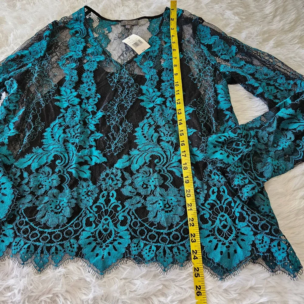 NWT The Limited Sz L Turquois & Black Lace Fairy Whimsigoth Sheer V-neck Blouse‎
